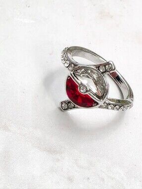 Pokemon Pokeball Crystal Statement Ring Silver Tone Anime Jewelry Size 7